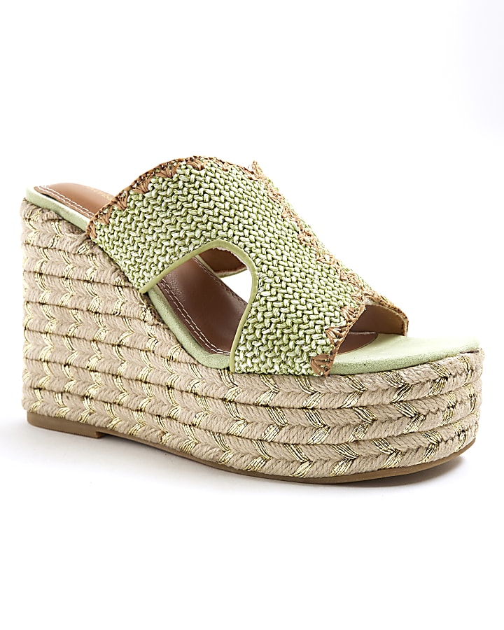 Green Stitch Detail Cut Out Wedge Sandals