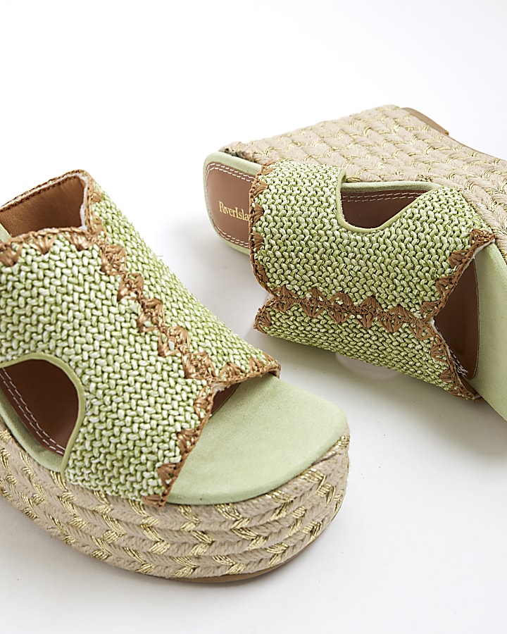 Green Stitch Detail Cut Out Wedge Sandals