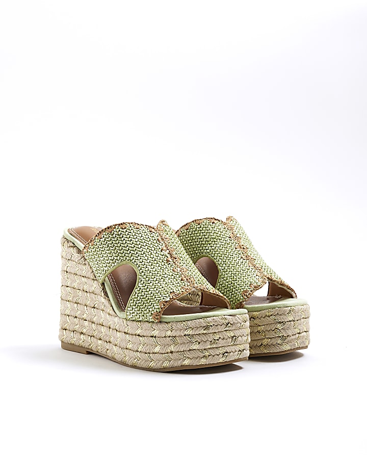 Green Stitch Detail Cut Out Wedge Sandals