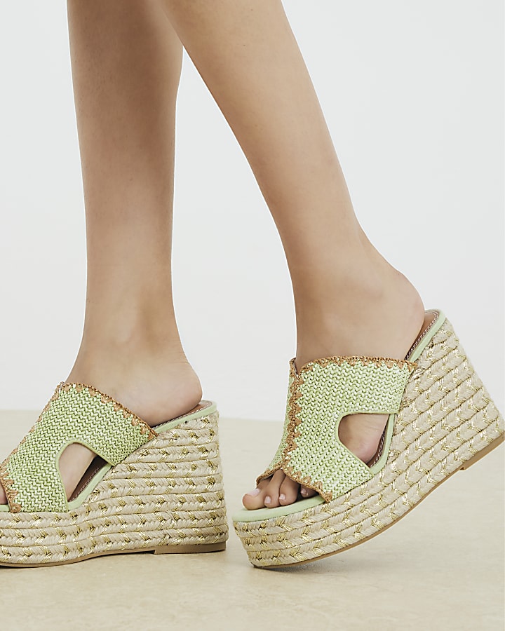 Green Stitch Detail Cut Out Wedge Sandals