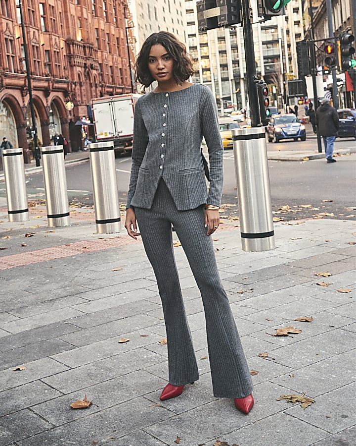 Grey Pinstripe Long Sleeve Top