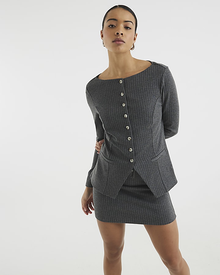 Grey Pinstripe Long Sleeve Top