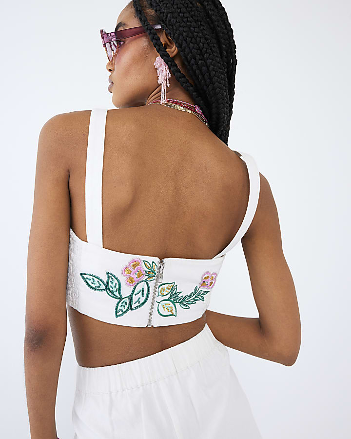 White Sleeveless Floral Embroidered Bralet