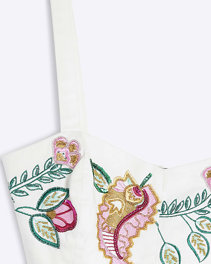 White Sleeveless Floral Embroidered Bralet