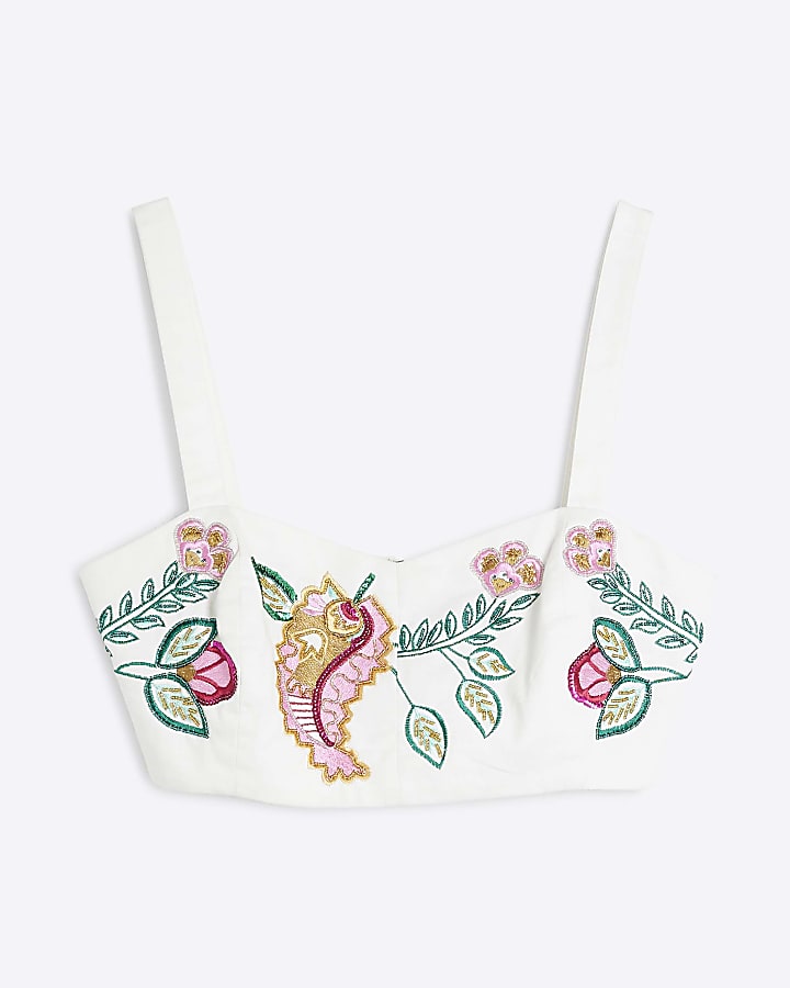 White Sleeveless Floral Embroidered Bralet