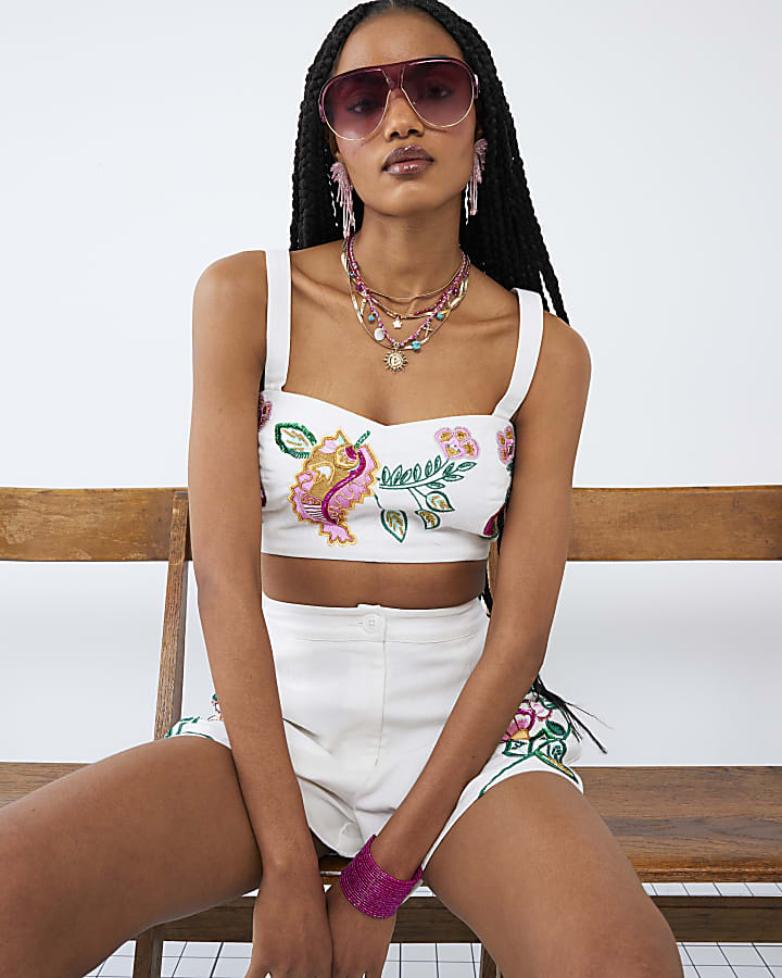 White Sleeveless Floral Embroidered Bralet