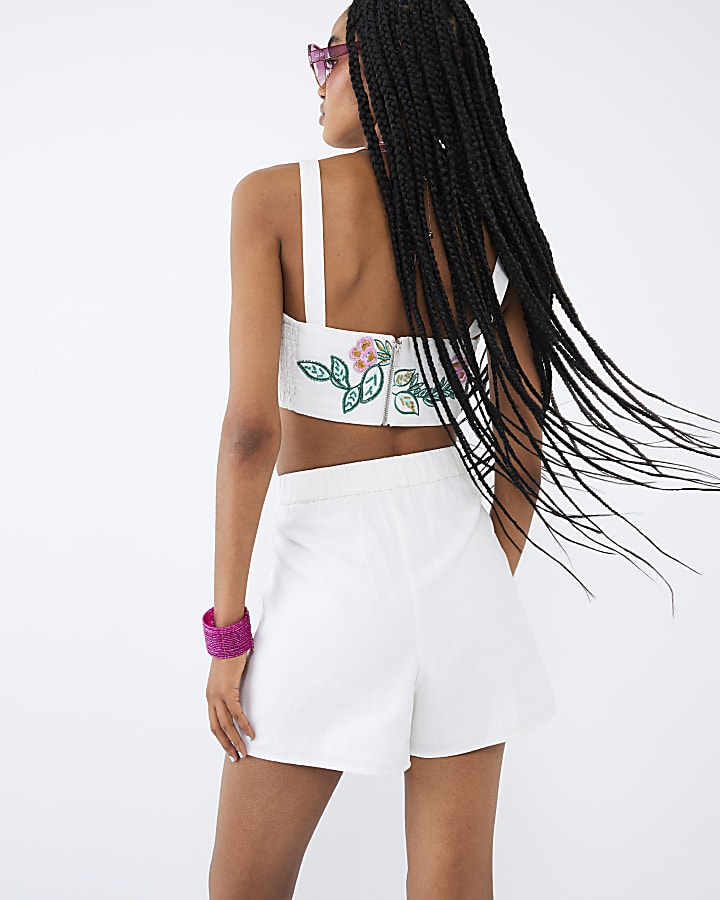 White Floral Embroidered Shorts
