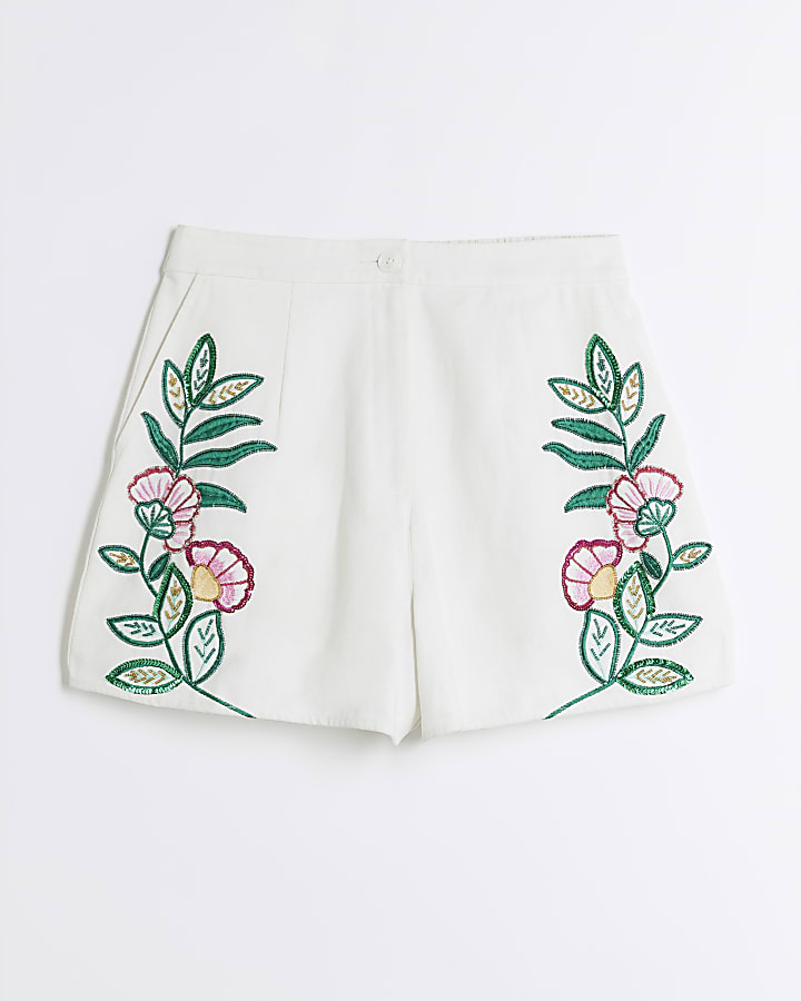 White Floral Embroidered Shorts