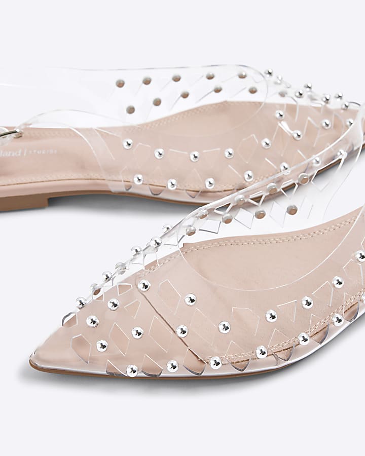 Clear Studded Laser Cut Pointed Flat Shoes