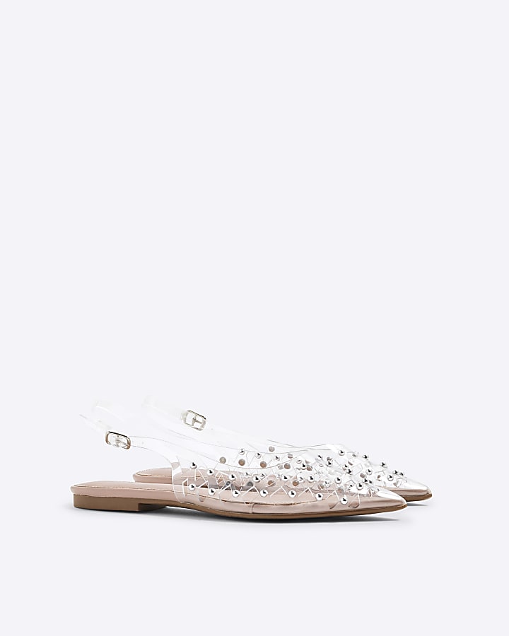 Clear Studded Laser Cut Pointed Flat Shoes