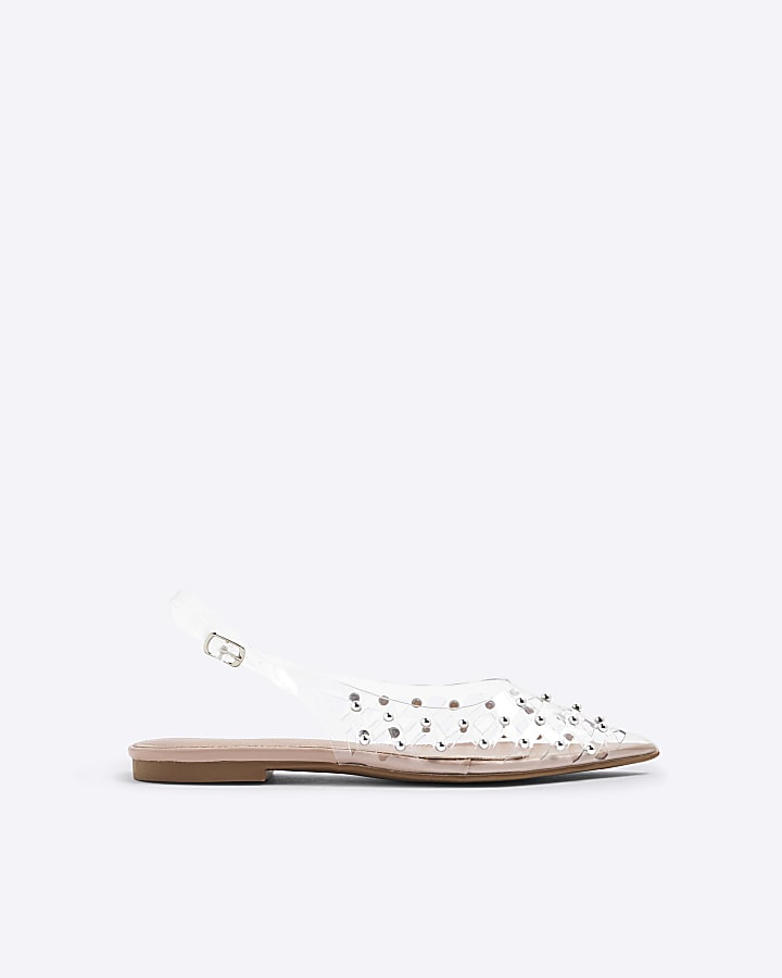 Clear Studded Laser Cut Pointed Flat Shoes