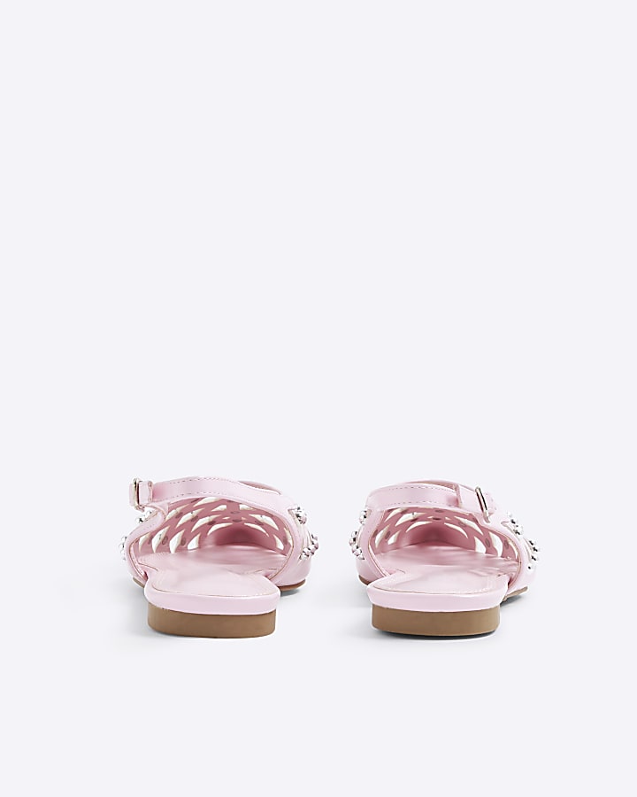 Pink Studded Laser Cut Pointed Flat Shoes