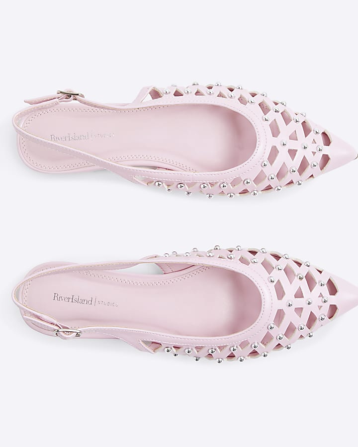 Pink Studded Laser Cut Pointed Flat Shoes