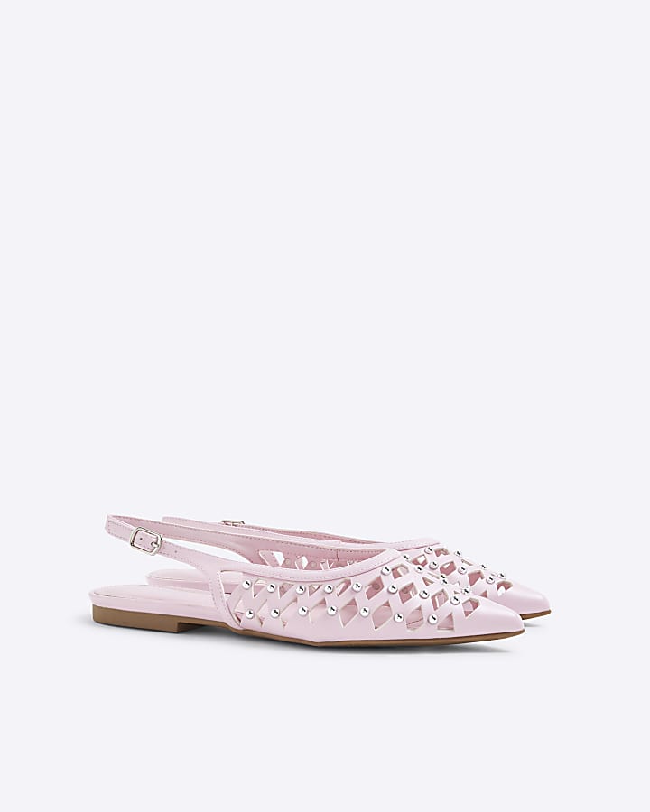 Pink Studded Laser Cut Pointed Flat Shoes