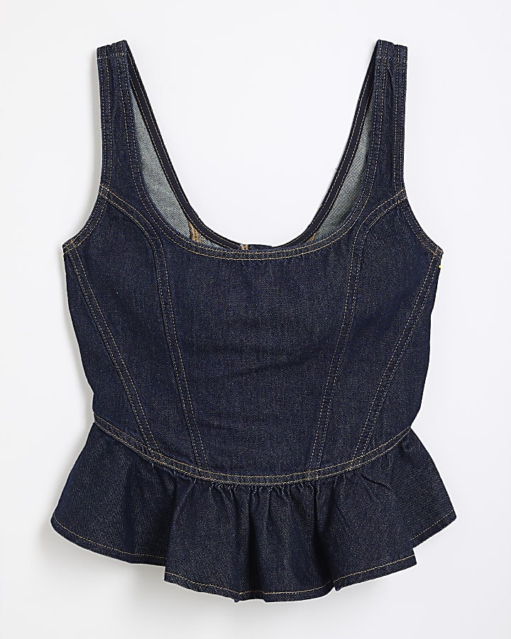 Blue Denim Sleeveless Corset Peplum Top