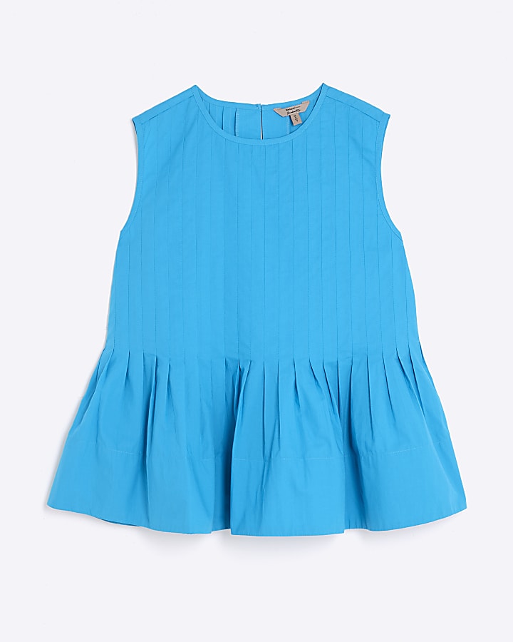 Blue Poplin Shirred Top