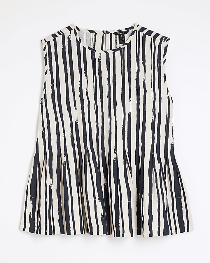 Black Stripe Sleeveless Pleated Top