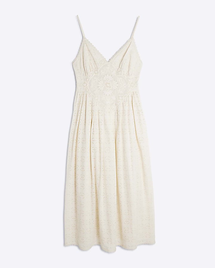 Cream Sleeveless Broderie Patch Midi Dress