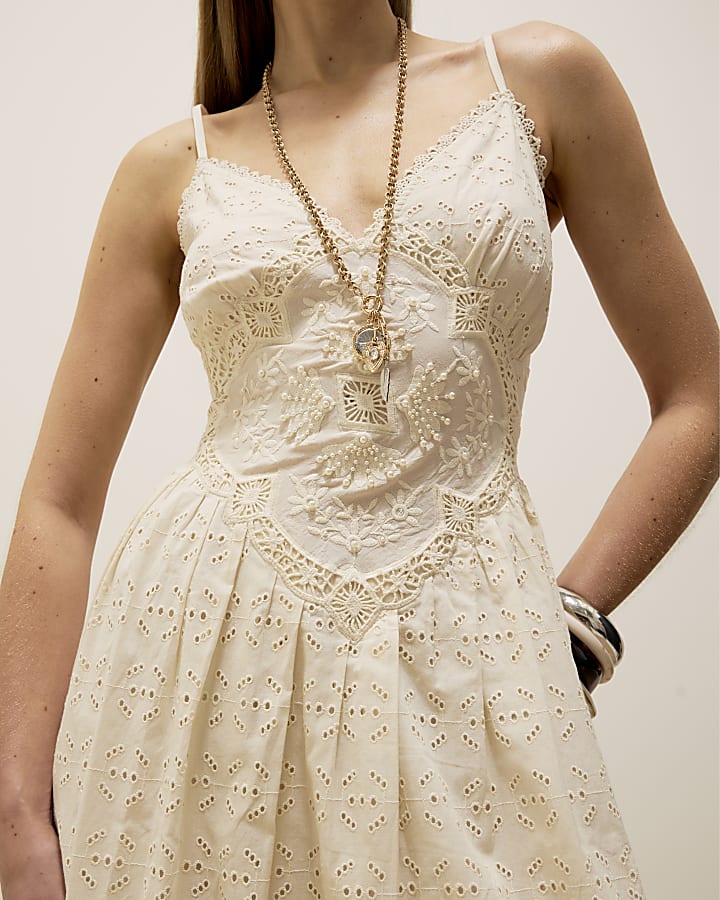 Cream Sleeveless Broderie Patch Midi Dress