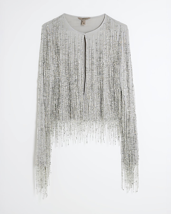 Silver Premium Long Sleeve Fringed Cape