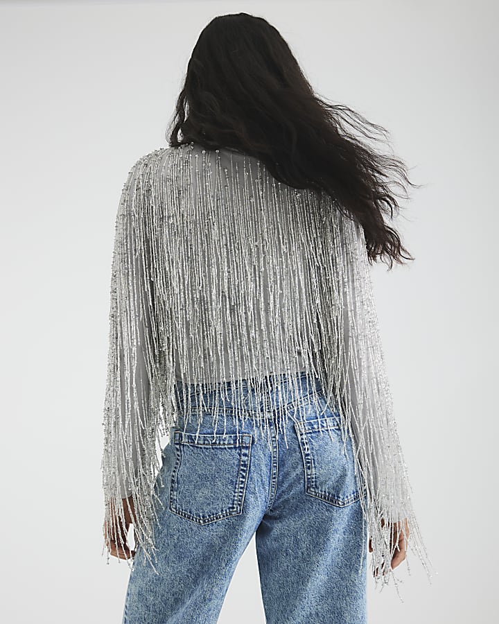 Silver Premium Long Sleeve Fringed Cape