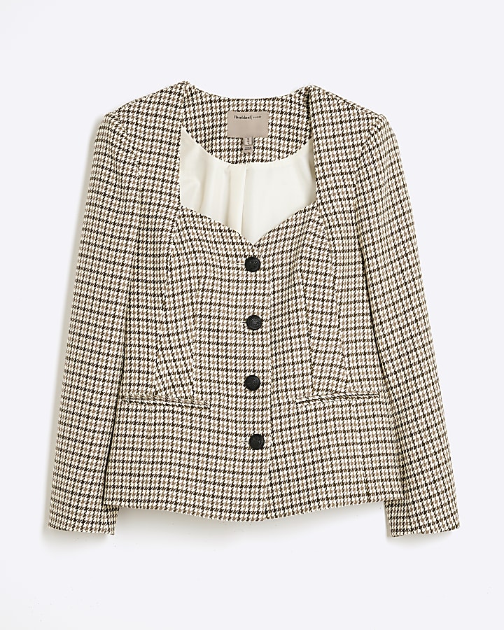 Beige Check Sweetheart Neck Blazer