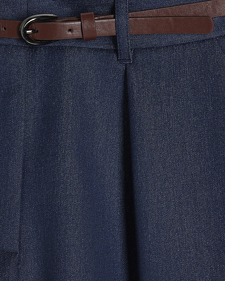 Blue Denim Structured Belted Shorts