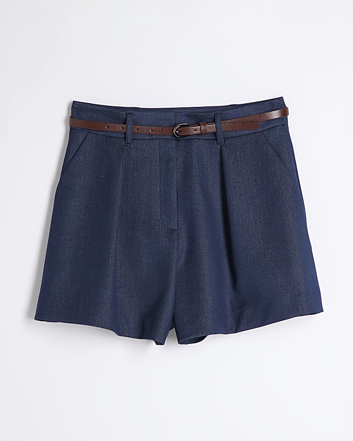 Blue Denim Structured Belted Shorts