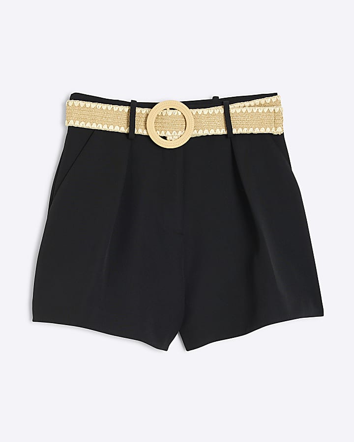 Black Structured Raffia Belted Shorts