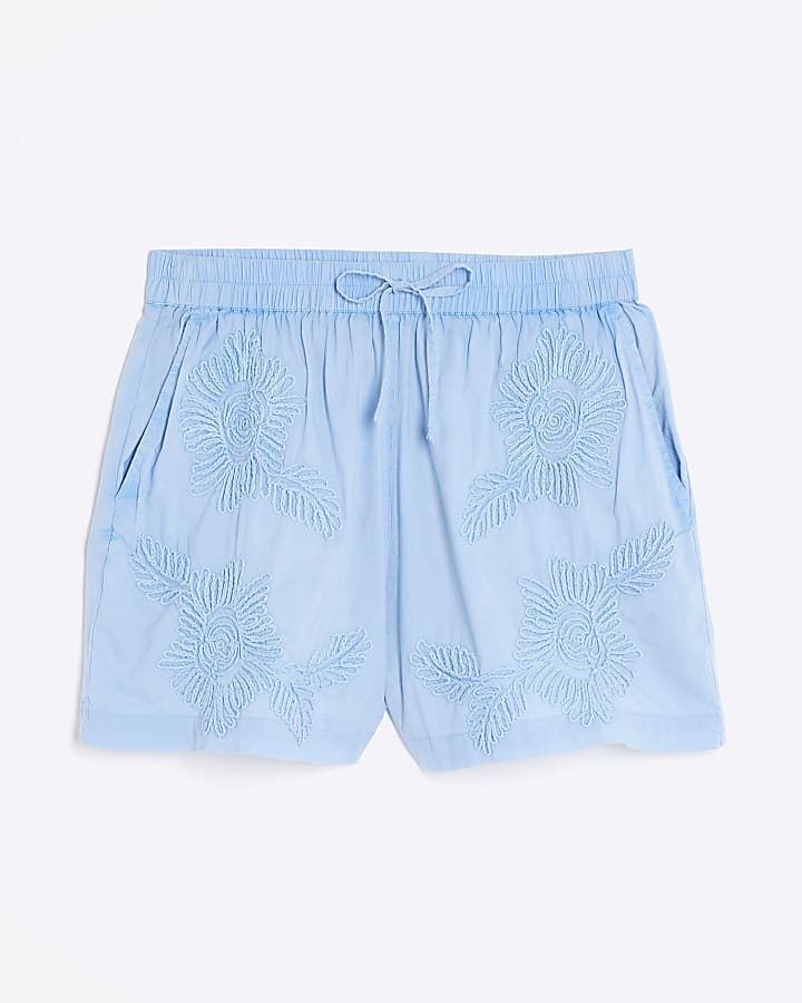 Blue Elasticated Embroidered Shorts