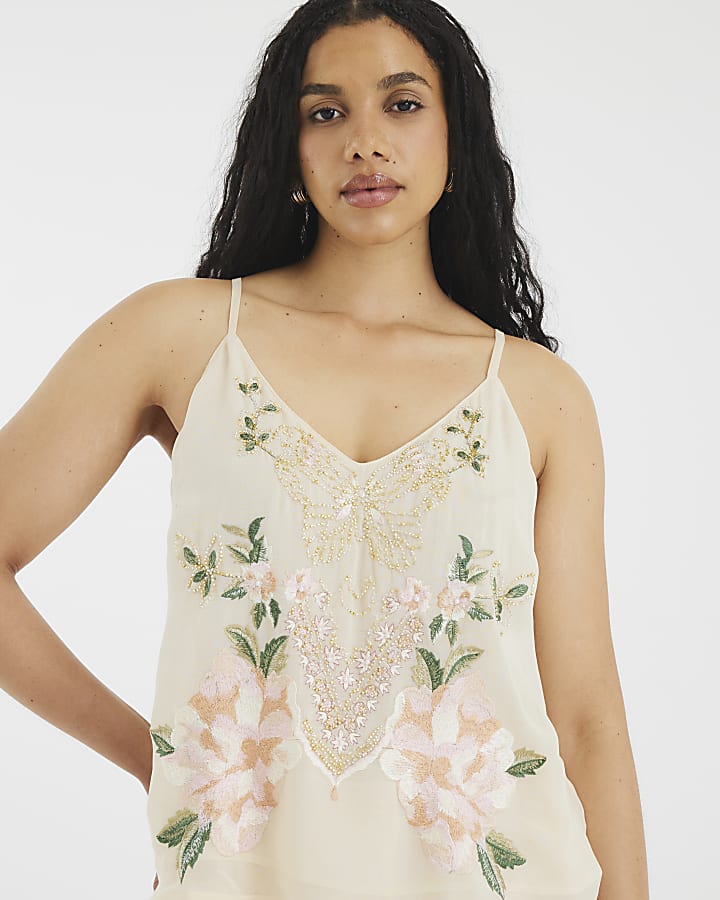 Cream Floral Sleeveless Embroidered Cami Top