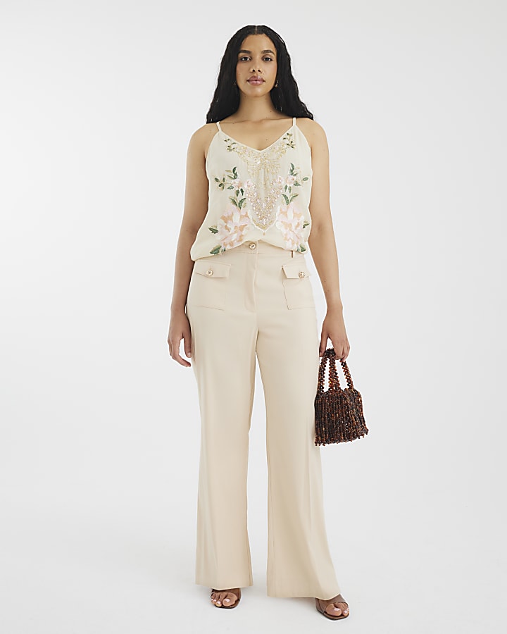 Cream Floral Sleeveless Embroidered Cami Top