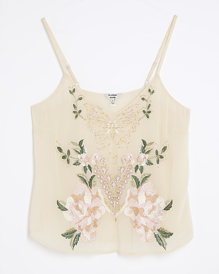 Cream Floral Sleeveless Embroidered Cami Top