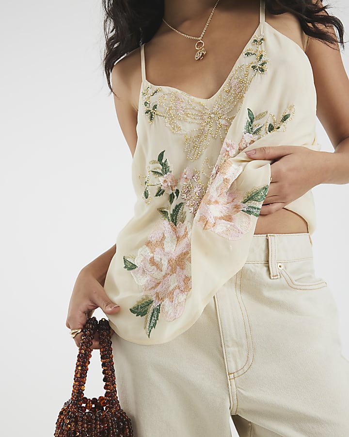 Cream Floral Sleeveless Embroidered Cami Top
