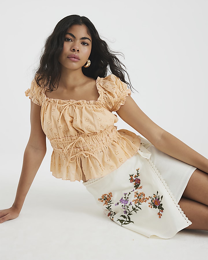 Orange Broderie Short Sleeve Shirred Top