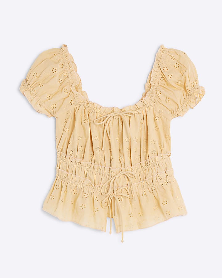 Orange Broderie Short Sleeve Shirred Top
