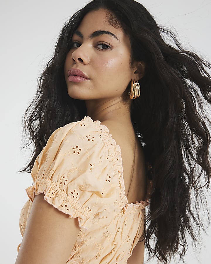 Orange Broderie Short Sleeve Shirred Top