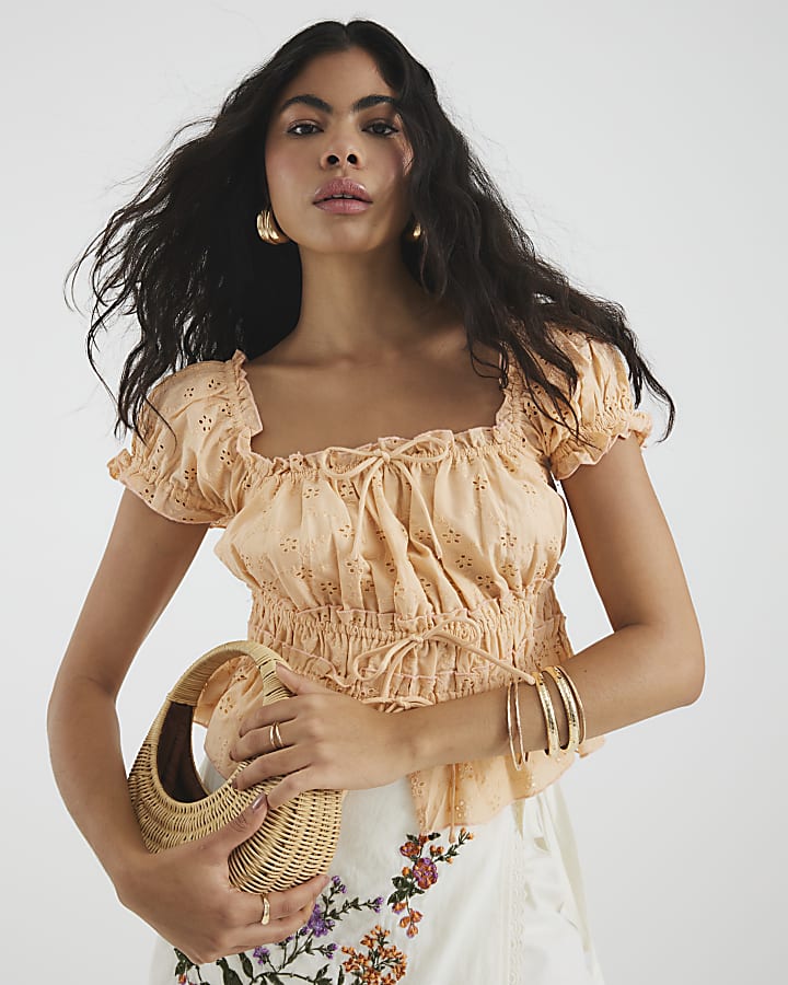 Orange Broderie Short Sleeve Shirred Top