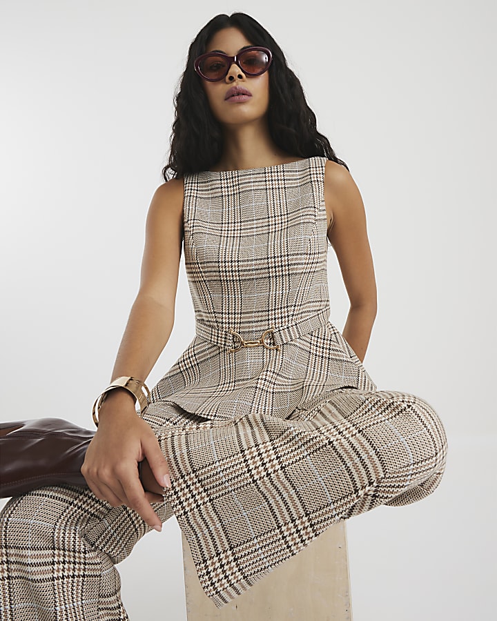 Brown Check Belted Peplum Top