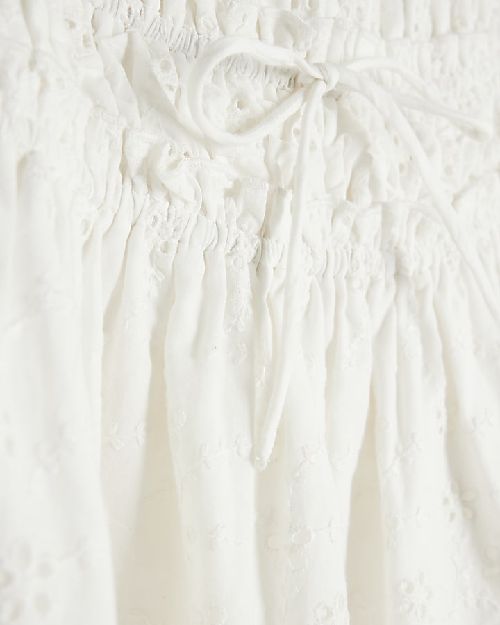 White Short Sleeve Shirred Mini Dress