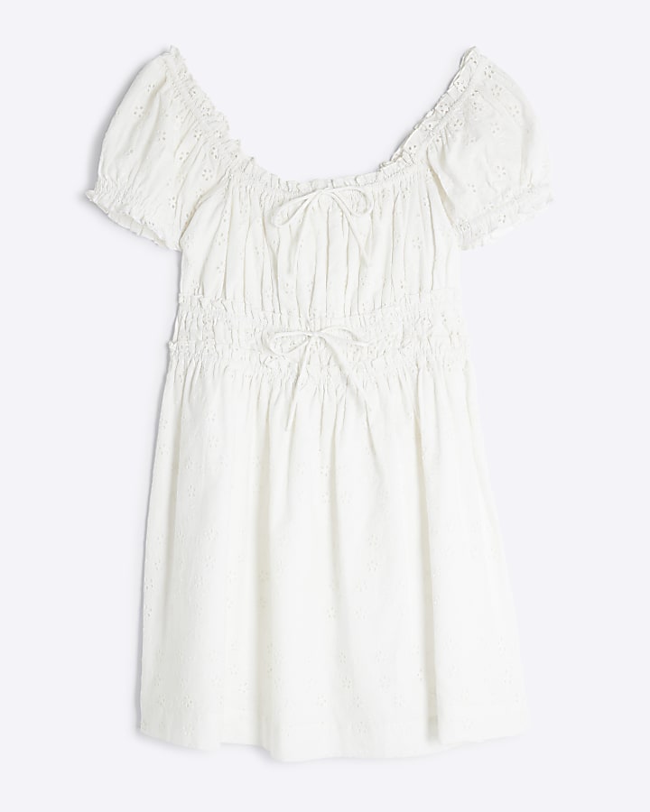 White Short Sleeve Shirred Mini Dress