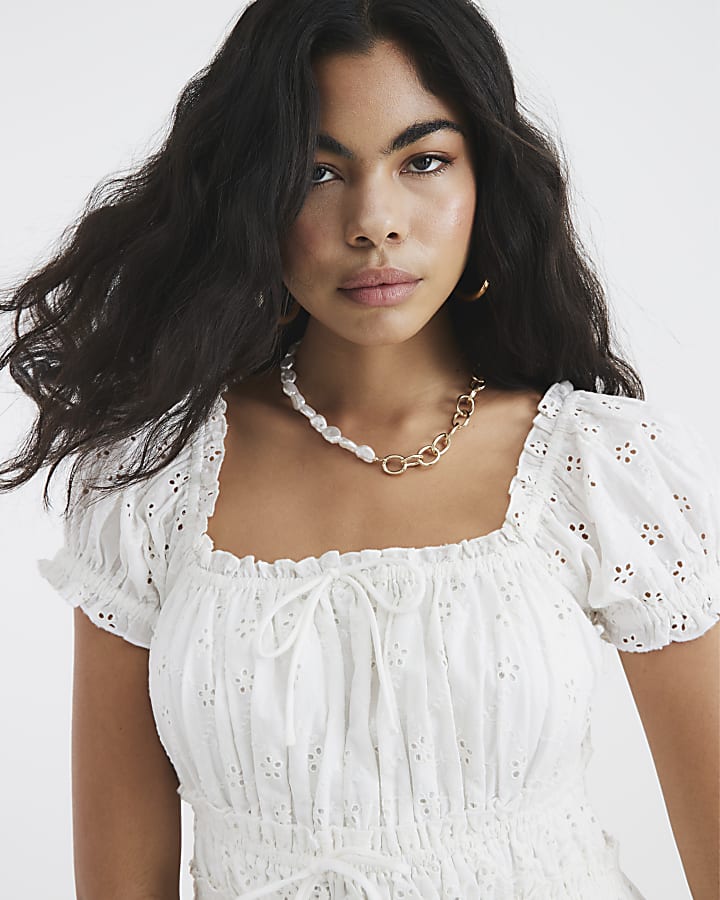 White Short Sleeve Shirred Mini Dress