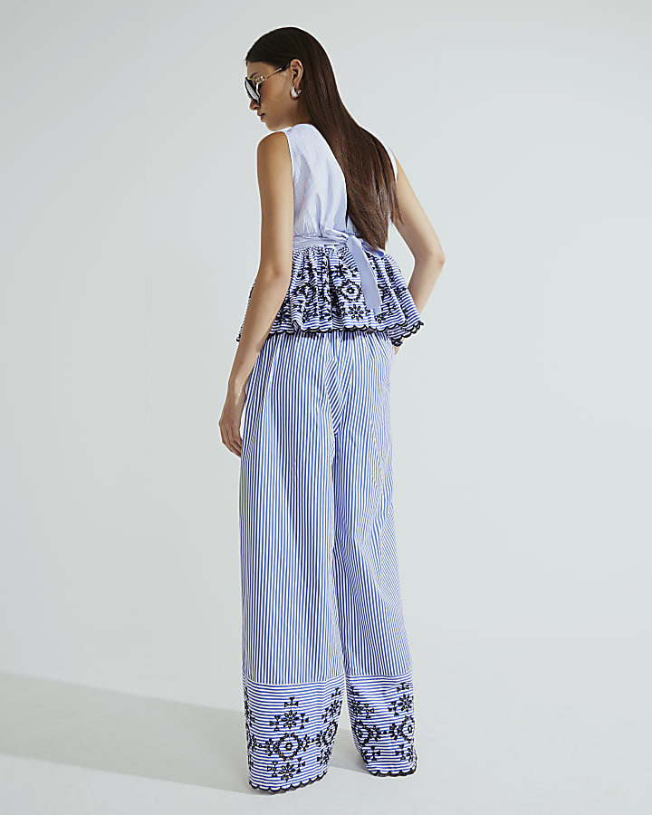 Blue Stripe Cutwork Wide Leg Trousers