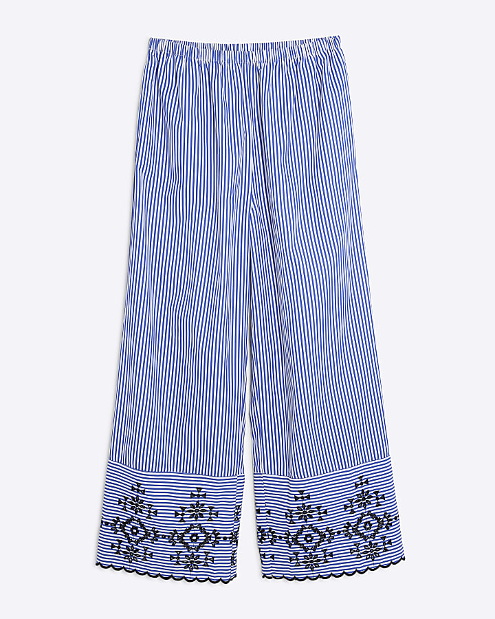 Blue Stripe Cutwork Wide Leg Trousers