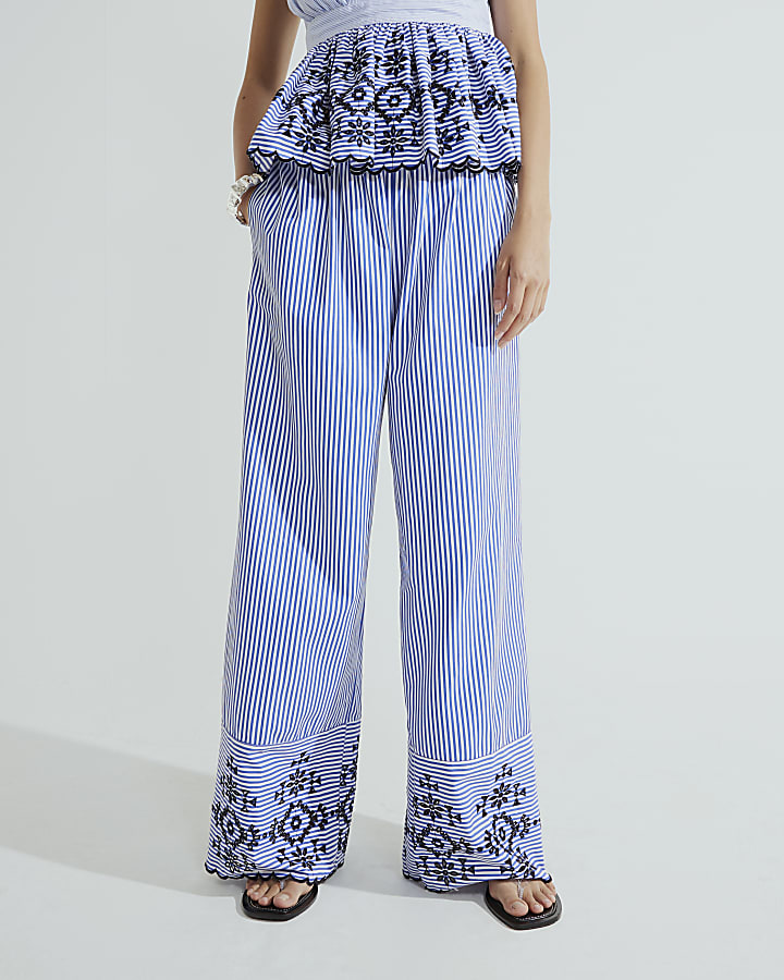 Blue Stripe Cutwork Wide Leg Trousers