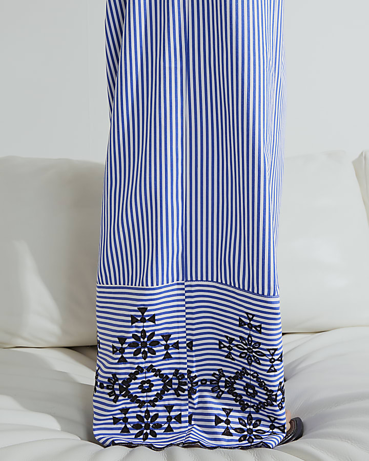 Blue Stripe Cutwork Wide Leg Trousers