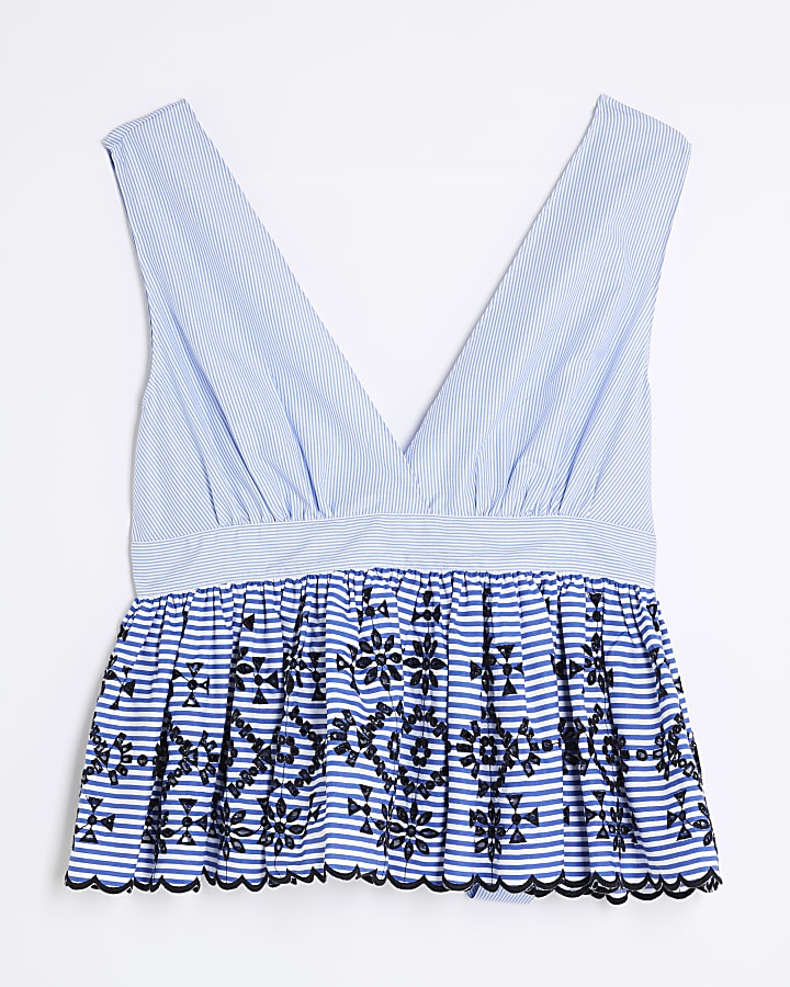 Blue Stripe Sleeveless Embroidered Top