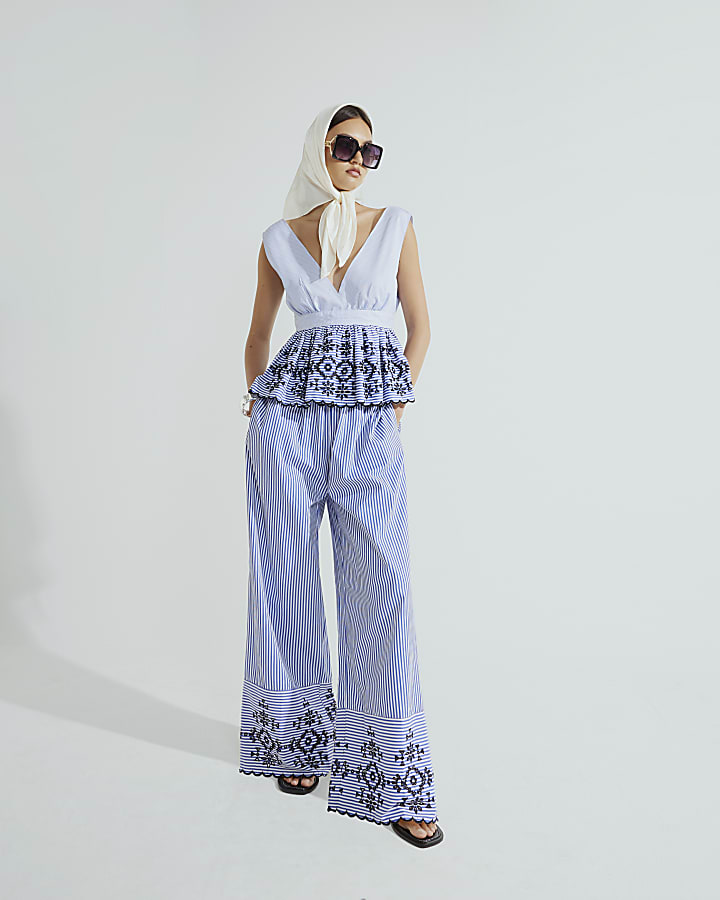 Blue Stripe Sleeveless Embroidered Top