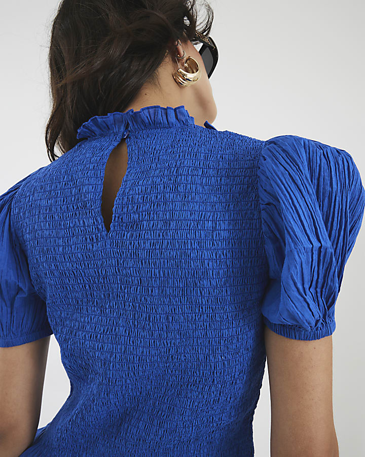 Blue Short Sleeve Ladder Insert Shirred Top