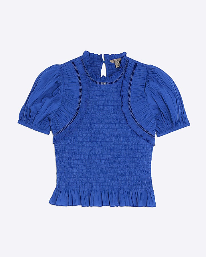 Blue Short Sleeve Ladder Insert Shirred Top